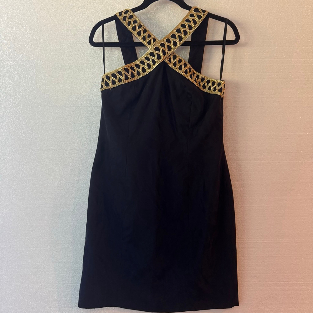 Vintage Rimini Jacquard Black Gold Metallic Mini Cocktail Dress Size 12